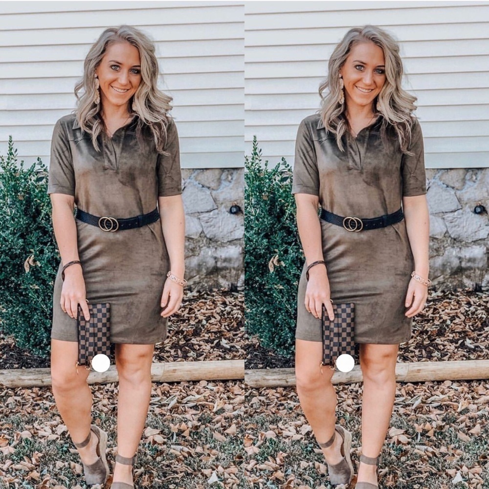 Faux Suede Shirt Dress in Olive - Picture 2 of 2